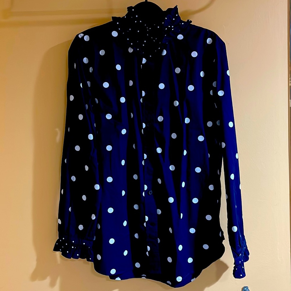 JCrew. Classic for ruffle neck shirt. Color: navy dots. Size 8. 100% cotton.